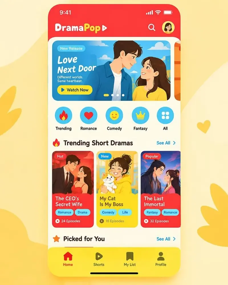 精品短剧 APP 界面截图 精品短剧 APP 首页:轮播推荐与分类剧场